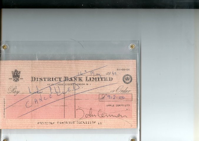 John Lennon Hand-Signed Beatles Apple Corps Check